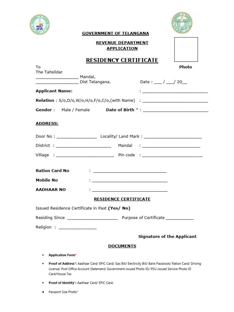 Telangana Residence Certificate Application | PDF