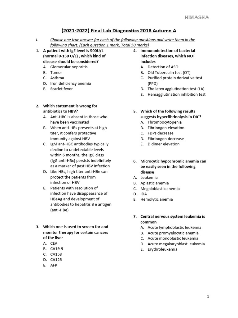 2018 Autumn Lab Diagnostic Final Paper | PDF | Hepatitis B | Anemia