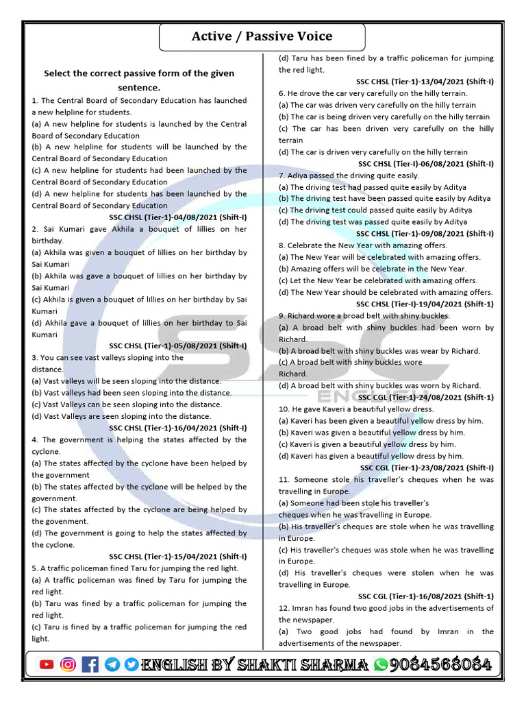 Passive Voice Exercises for SSC CHSL | PDF