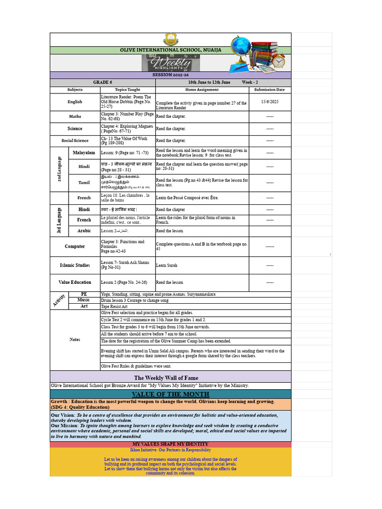 Grade 6 Weekly Assignments Overview | PDF