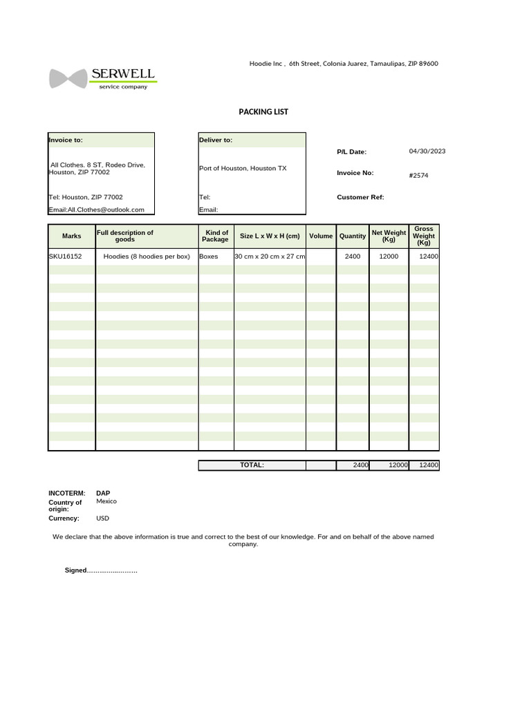 Packing List for Hoodie Shipment | PDF