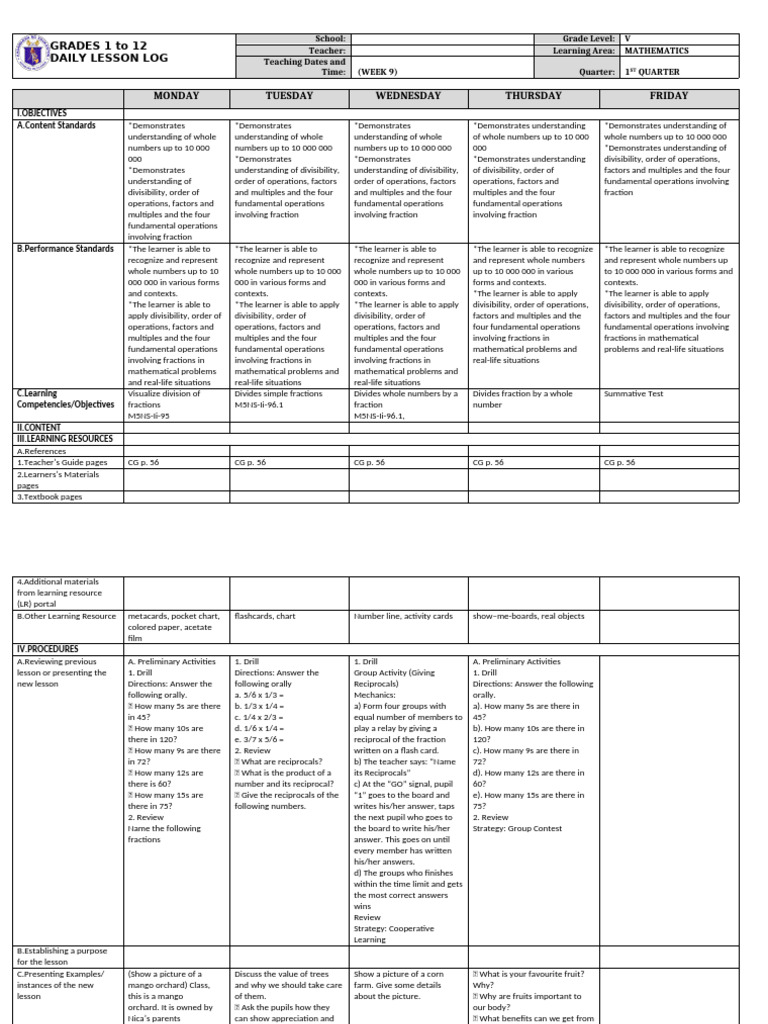 Grade 5 Math Daily Lesson Plan | PDF | Division (Mathematics ...