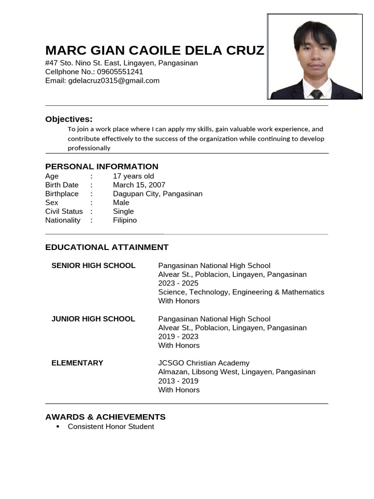 Marc Gian Dela Cruz Resume | PDF | Science