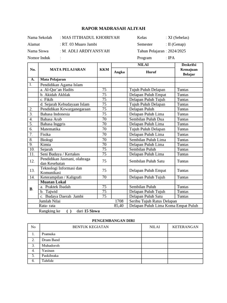 Rapor Madrasah Aliyah Kelas XI 2025 | PDF