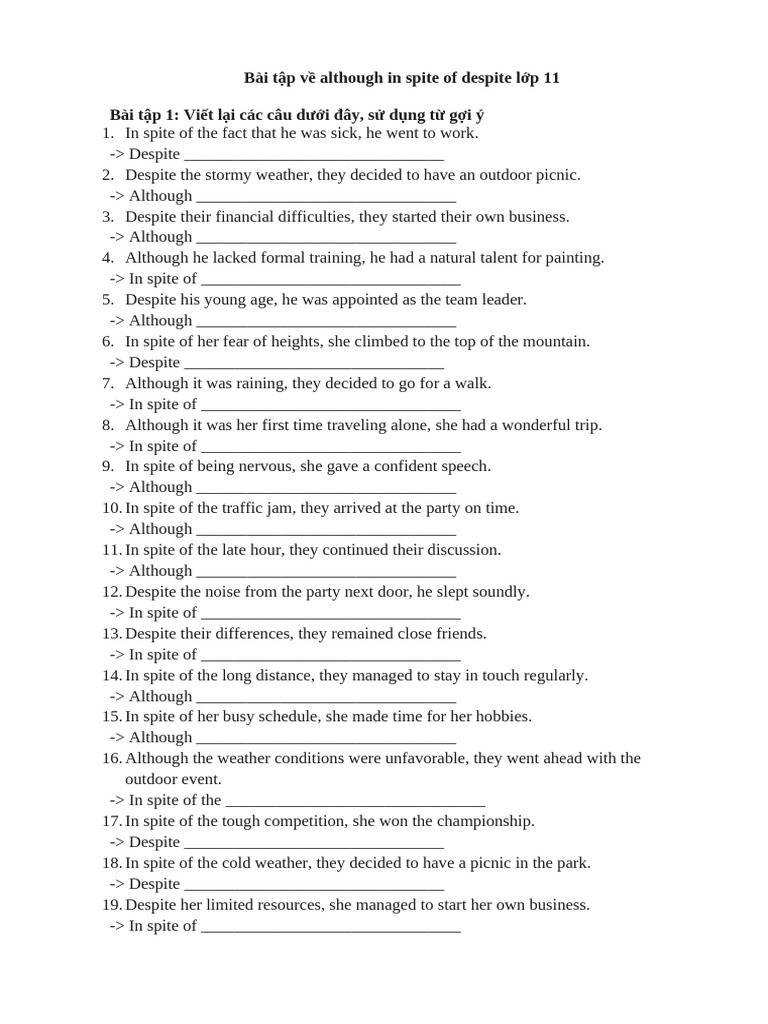 Bài tập về although in spite of despite lớp 11 | PDF