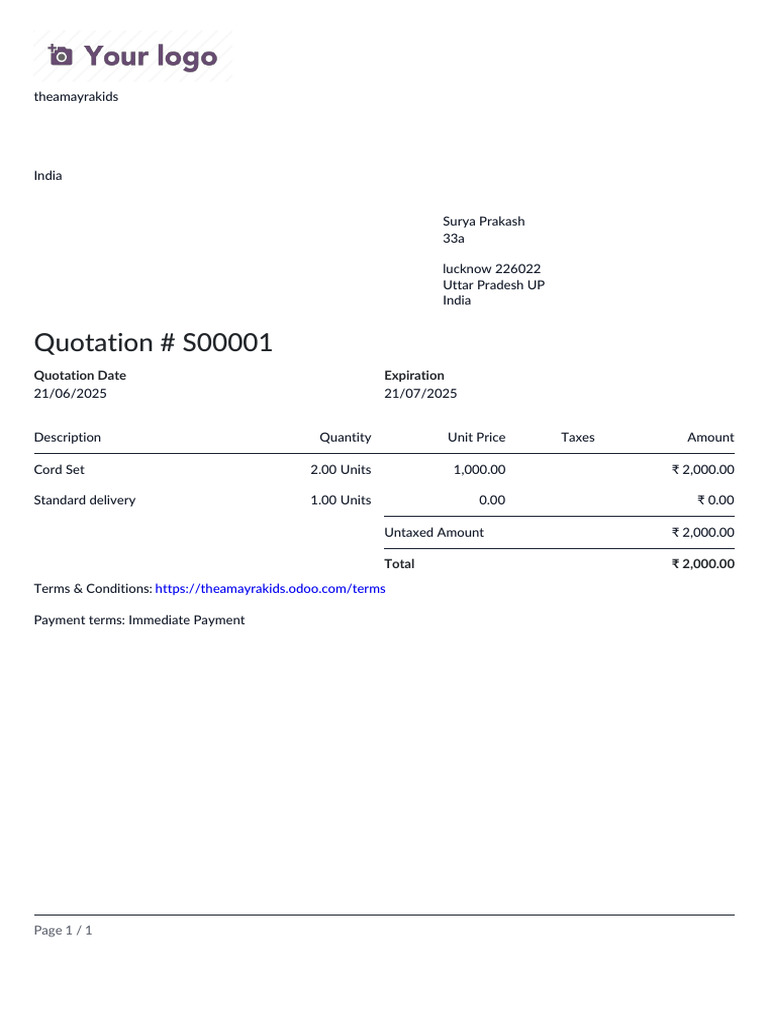 Quotation S00001 for Cord Set Order | PDF
