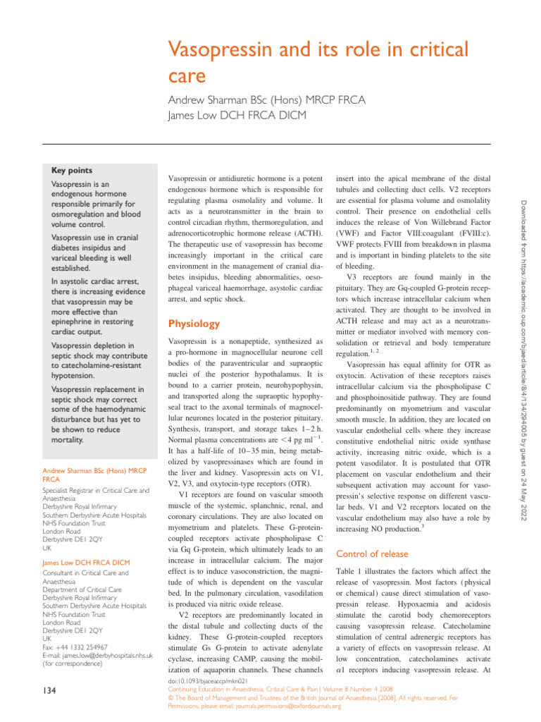 Vasopressin and Its Role in Critical Care | PDF | Sepsis | Shock ...