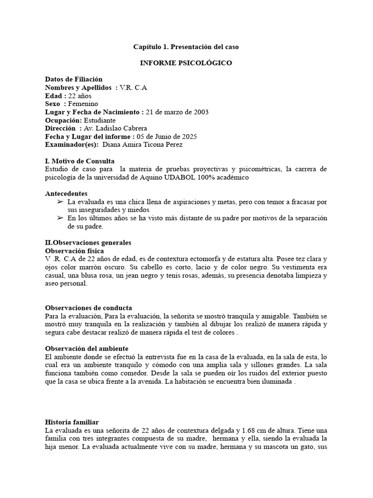 Informe Psicológico de V.R. C.A. | PDF | Las emociones | Timidez
