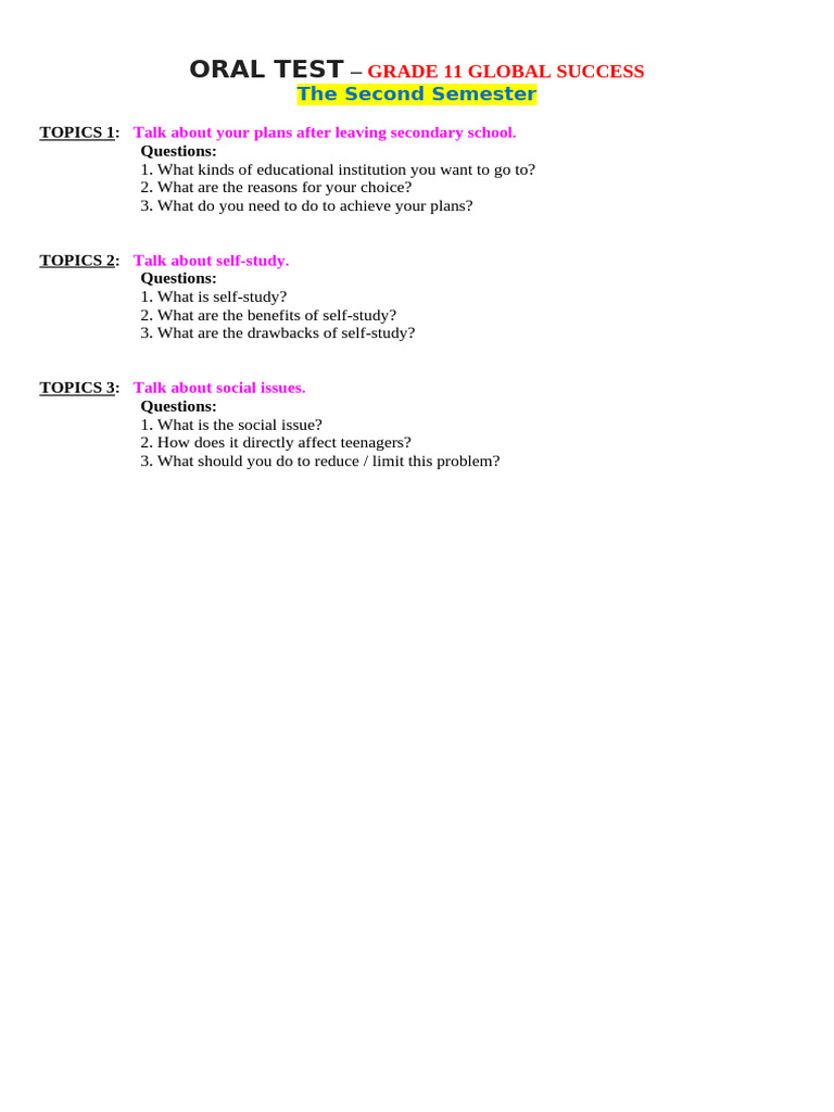 Grade 11 Oral Test Topics Guide | PDF
