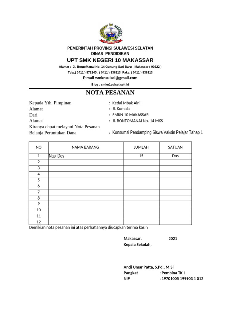 Contoh Nota Pesanan SMK Negeri 10 | PDF