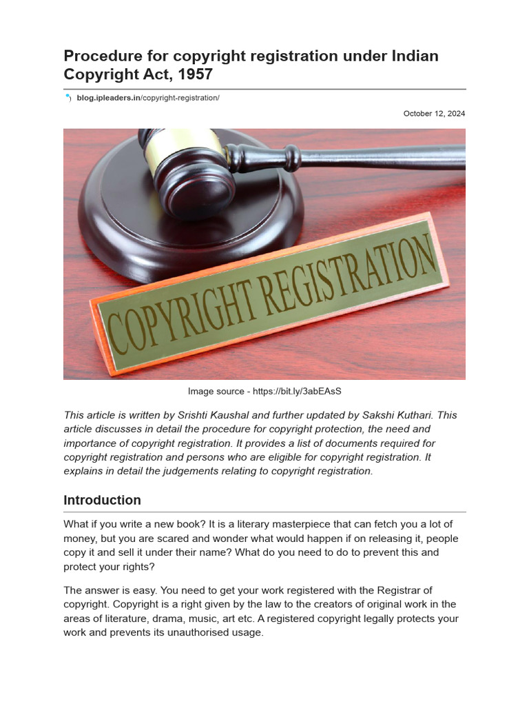 Copyright Registration Procedure in India | PDF | Copyright | Trademark