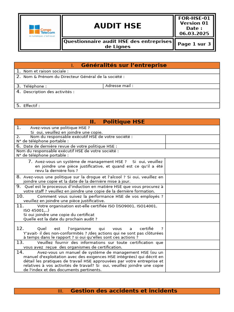 Questionnaire d'Audit HSE Entreprise | PDF | Audit | Équipement de ...