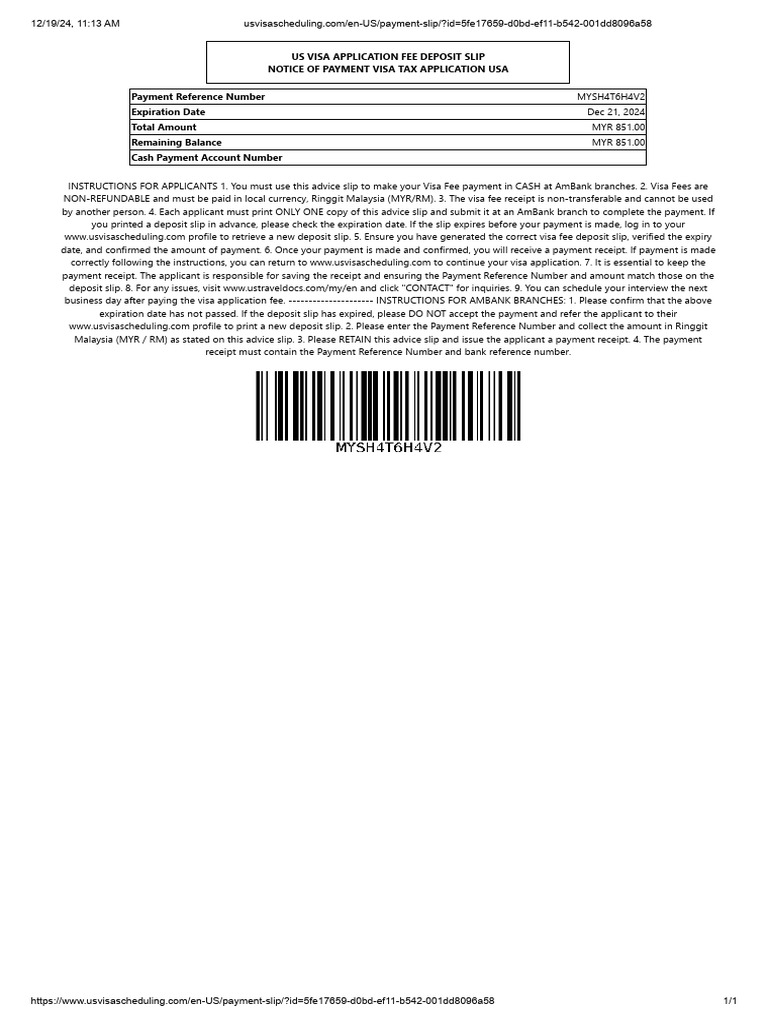 US Visa Fee Deposit Slip Instructions | PDF | Payments | Receipt
