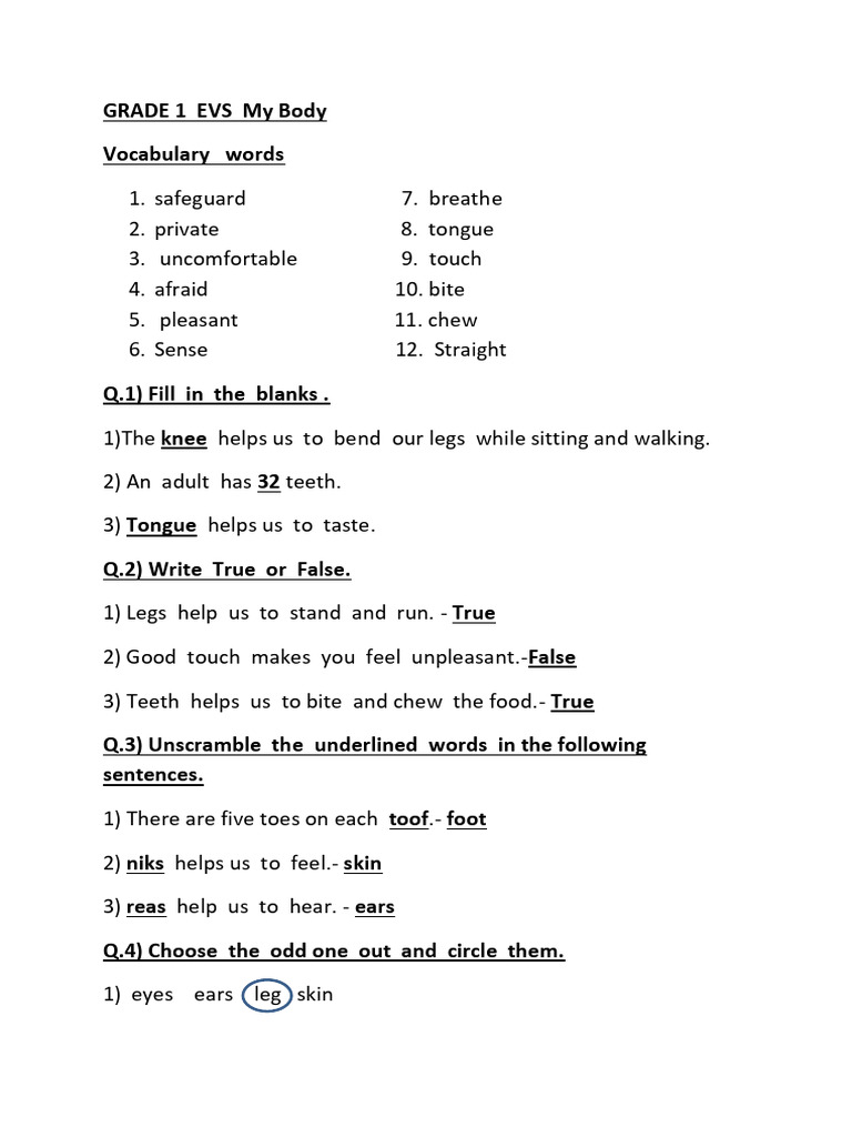 My Body: Grade 1 EVS Worksheet | PDF