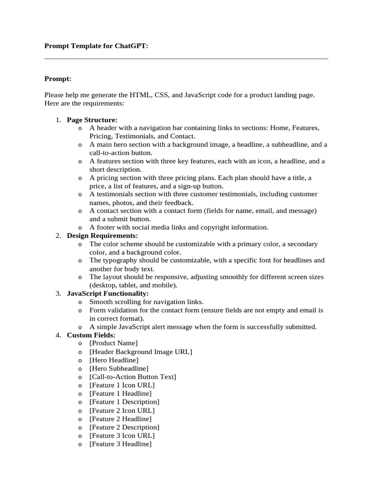 Prompt+Template+for+ChatGPT+-+html,+css,+js | PDF | Page Layout | Internet
