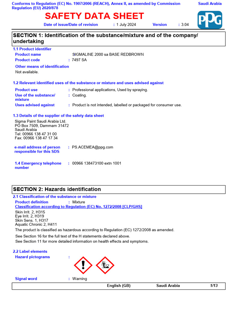 Sigmaline 2000 Safety Data Sheet | PDF | Materials | Occupational ...