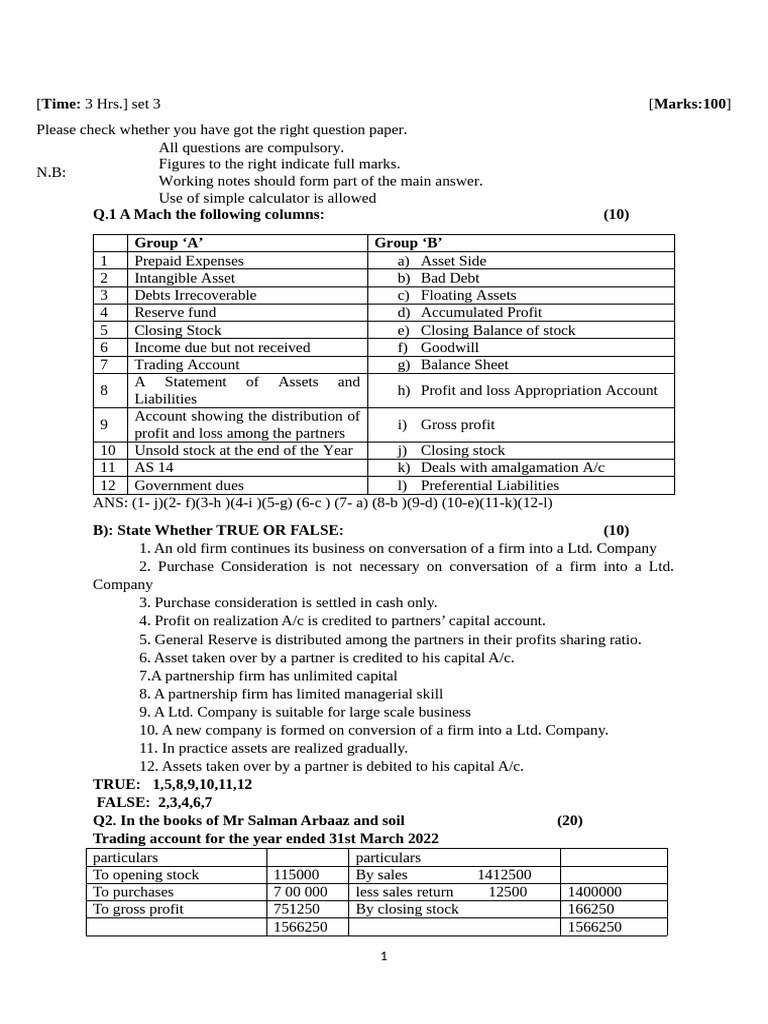 Sybcom - Sem - III - Ans Key - Set 3 | PDF | Partnership | Goodwill ...