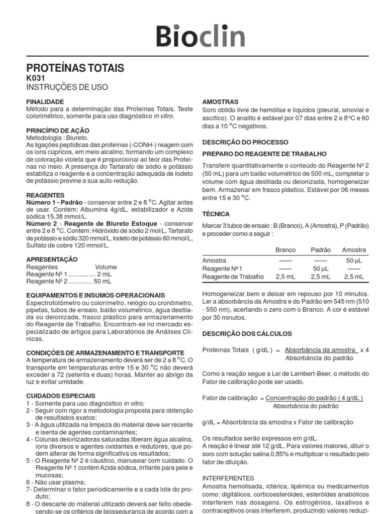 Proteinas Totais Metodo Biureto | PDF | Potássio | Dieta e Nutrição