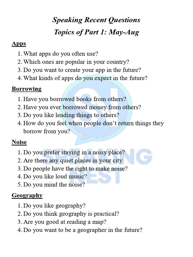 Recent Speaking Topics and Questions | PDF | Hobbies