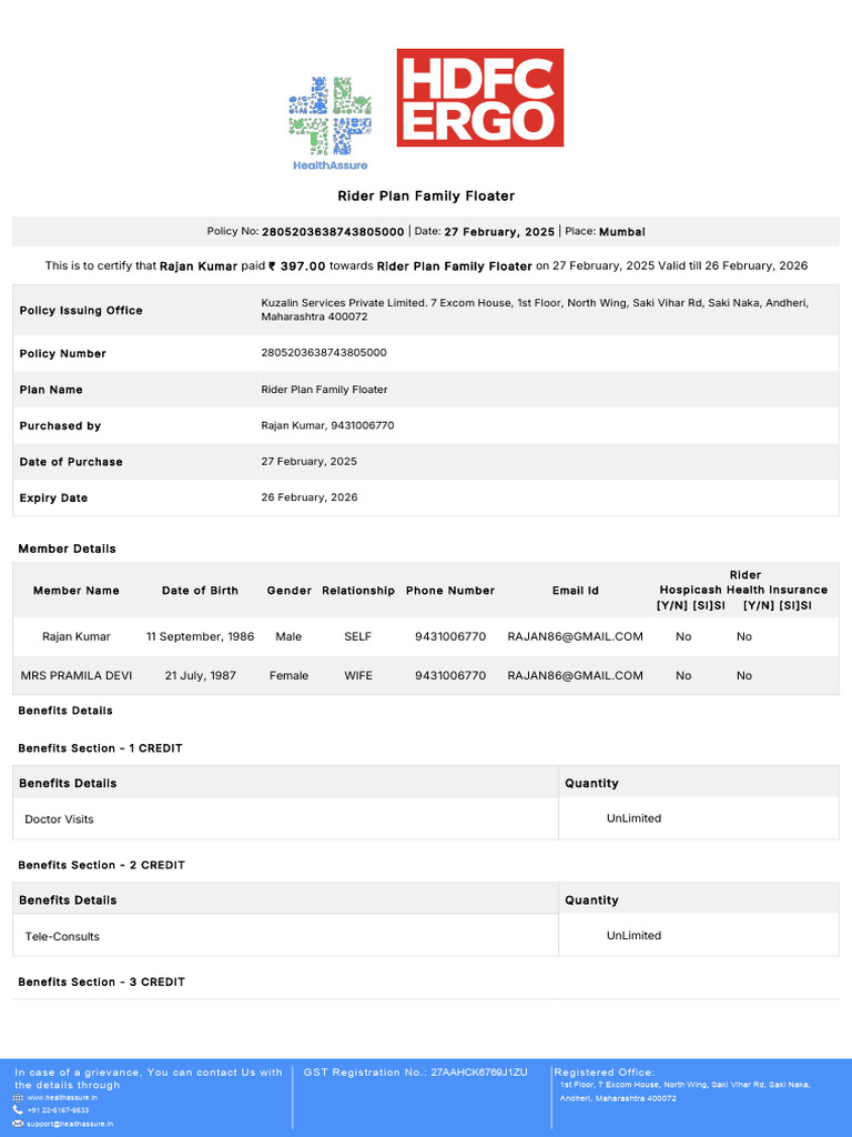 Rajan Kumar 397.00 Rider Plan Family Floater | PDF | Taxation ...