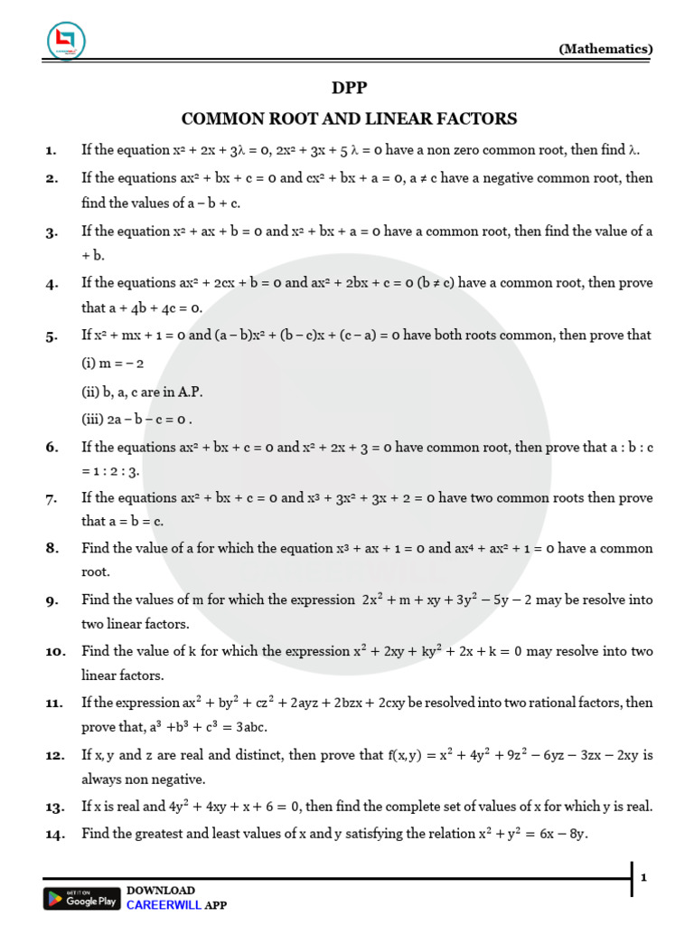 DPP - 02 - Common Roots and Linear Factor - 270 - Crwill | PDF