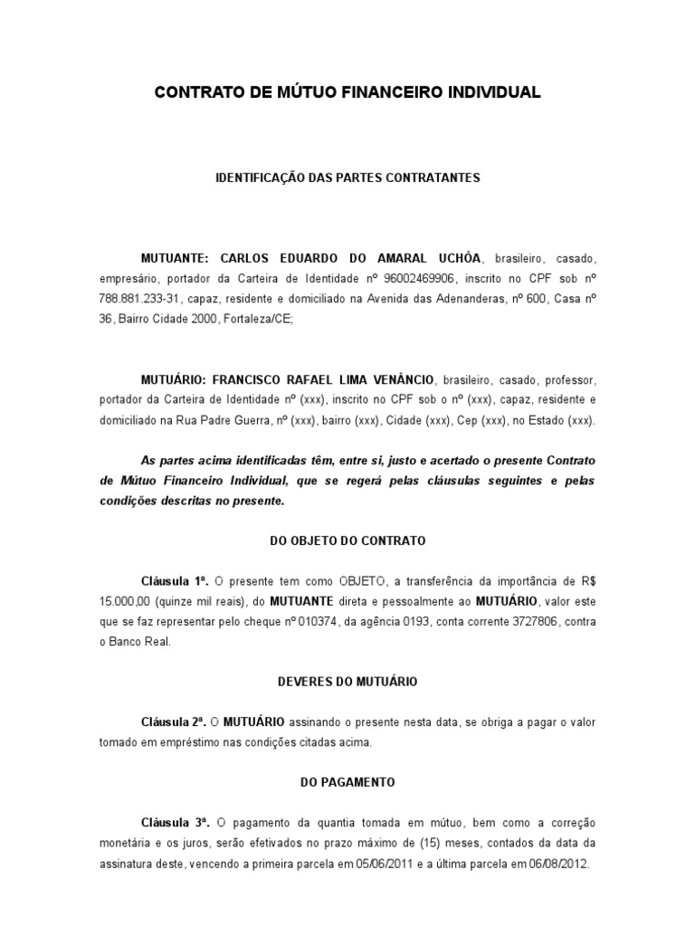Contrato de Mútuo Financeiro Individual | PDF | Empréstimos | Economias
