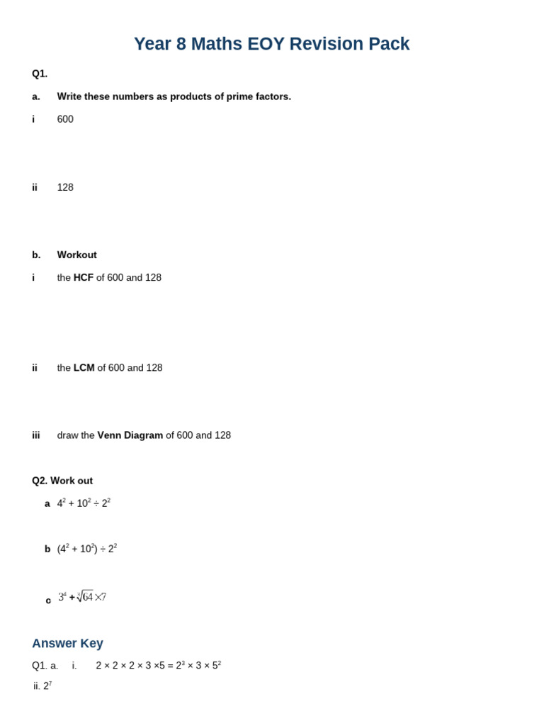 Year 8 Maths EOY Revision Pack-1 | PDF | Area | Elementary Mathematics