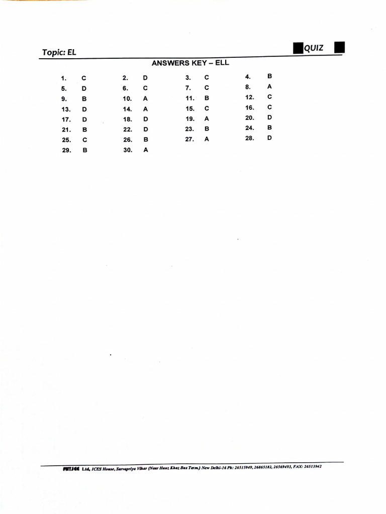 Answerkey Quiz On CONIC Section | PDF