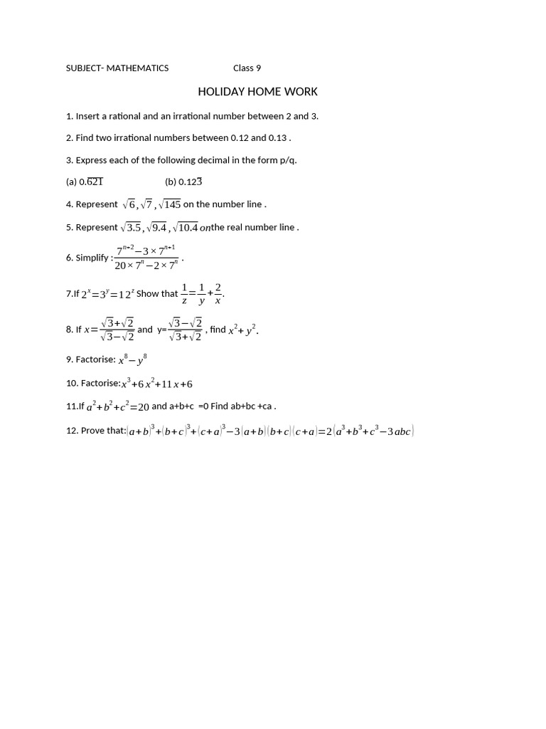 Class 9 Holiday Home Work | PDF