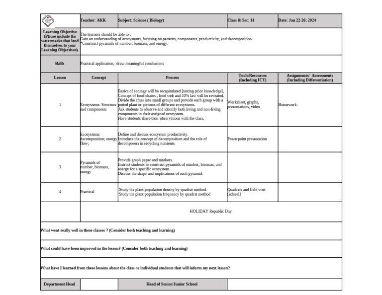 Ecosystem Study Plan for Biology Class | PDF | Ecosystem | Food Web