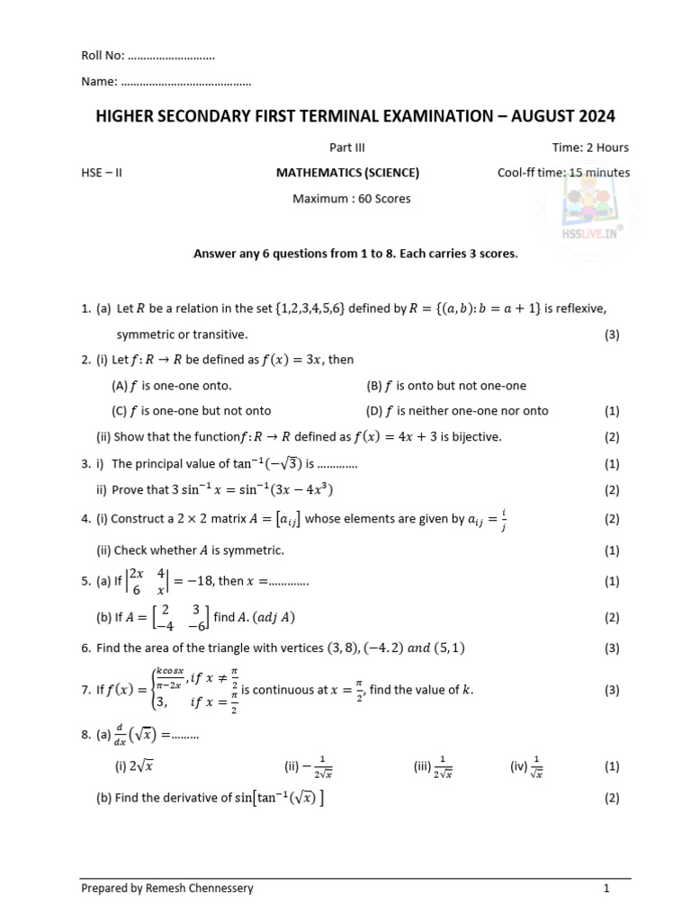 Hsslive Xii Maths Sample QP Term I 2024 | PDF | Mathematical Concepts ...
