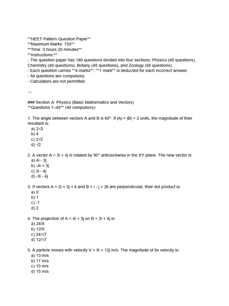 NEET Exam Pattern Question Paper | PDF | Cell (Biology) | Mole (Unit)