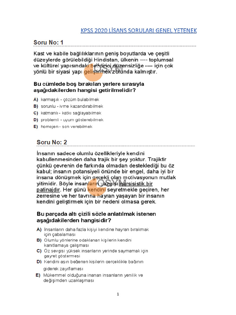 Kpss Lisans Test Sorulari Ve Cevaplari | PDF