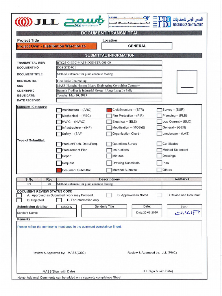 GENERAL BTC25 G FBC MASS DOS STR 001 00 Method Statement For Plain ...