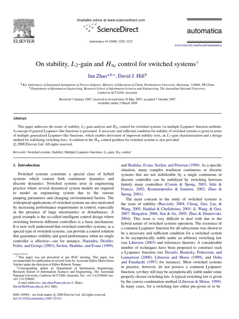 Stability and Control of Switched Systems | PDF | Mathematical Concepts ...