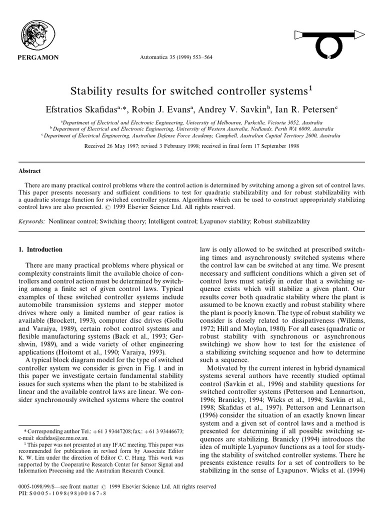 SE Skafidas 1999 Stability Results for Switched Controller Systems ...