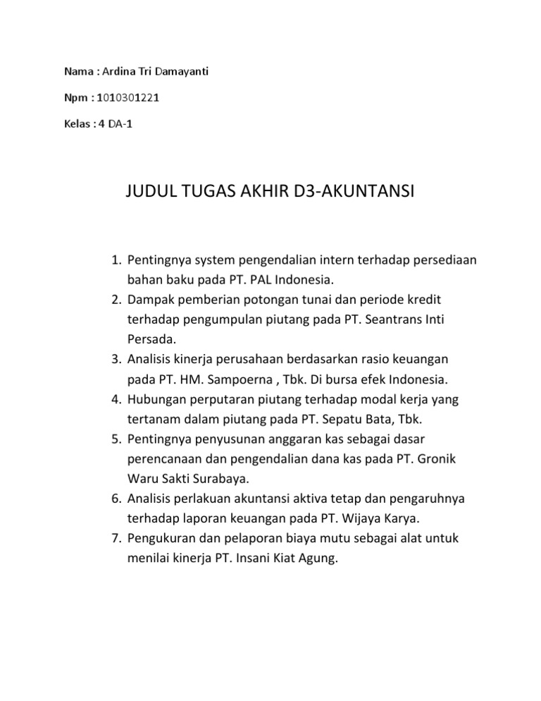 Judul Tugas Akhir Akuntansi D3