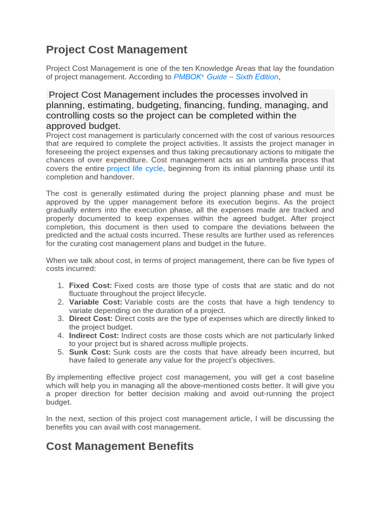 Project Cost Management Overview | PDF | Project Management | Expense