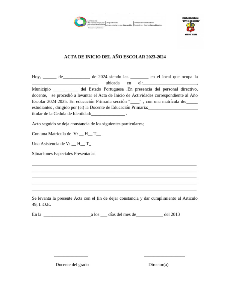 Acta de Inicio Año Escolar 2024-2025 | PDF