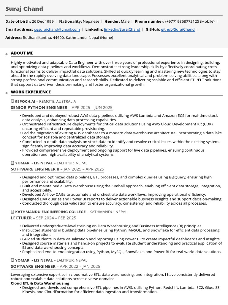 Suraj Chand: Data Engineer Profile | PDF | Data Warehouse | Amazon Web ...