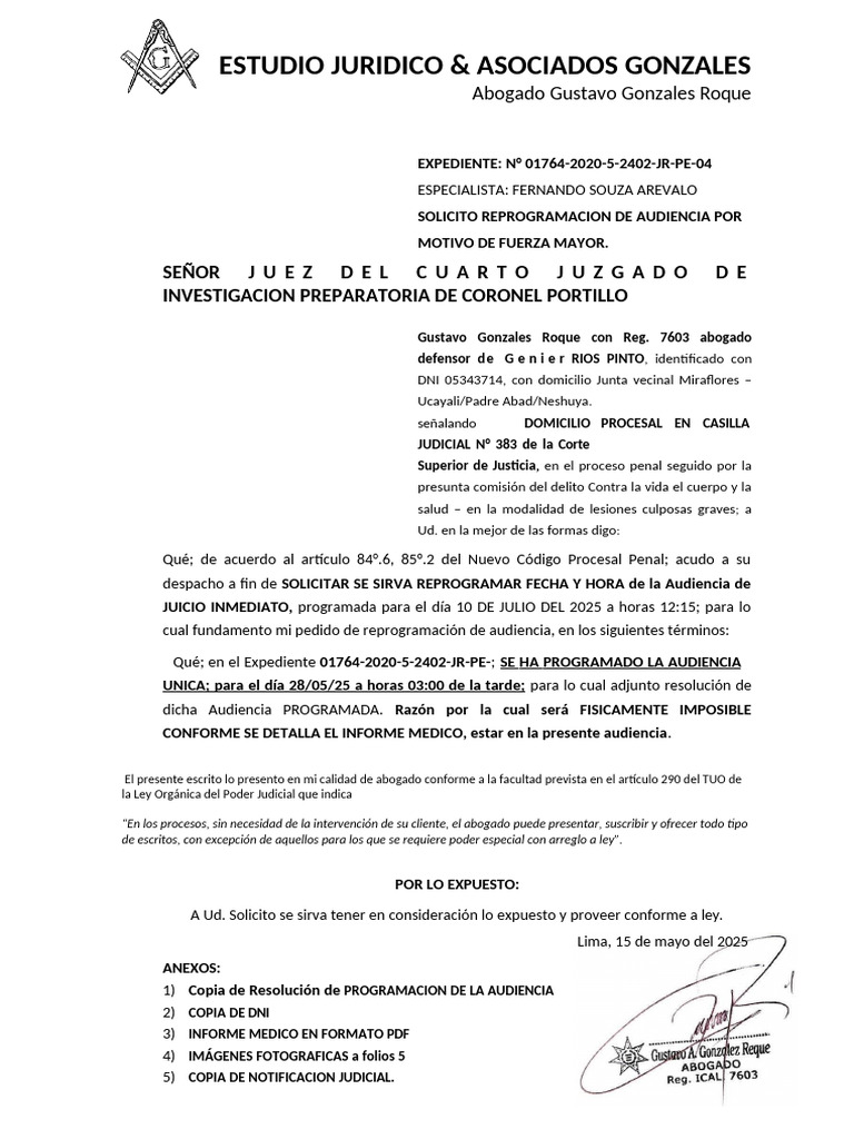 Solicito Reprogramacion de Audiencia | PDF | Justicia | Crimen y violencia
