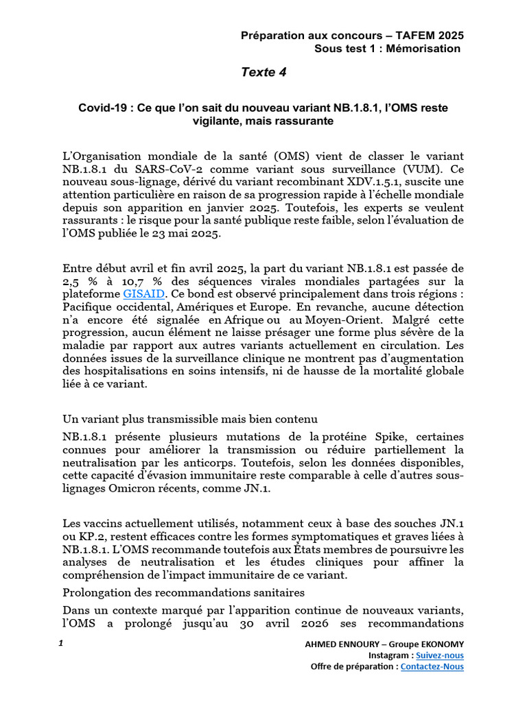 Variant NB.1.8.1 : Surveillance OMS 2025 | PDF | Spécialités médicales ...