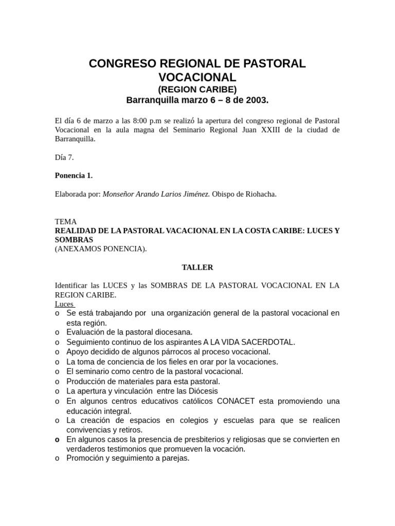Análisis de la Pastoral Vocacional Caribe | PDF | Seminario | Sacerdote