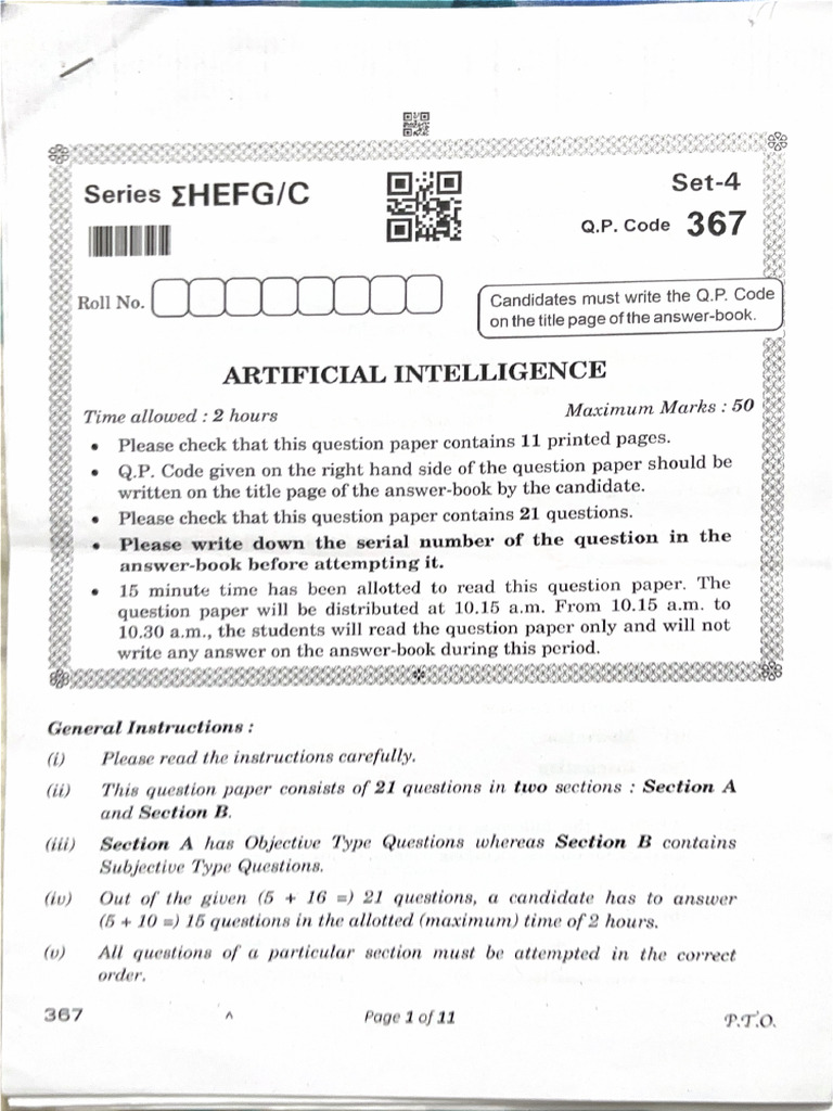 CBSE XII Model Examination Artificial Intelligence 2025 | PDF