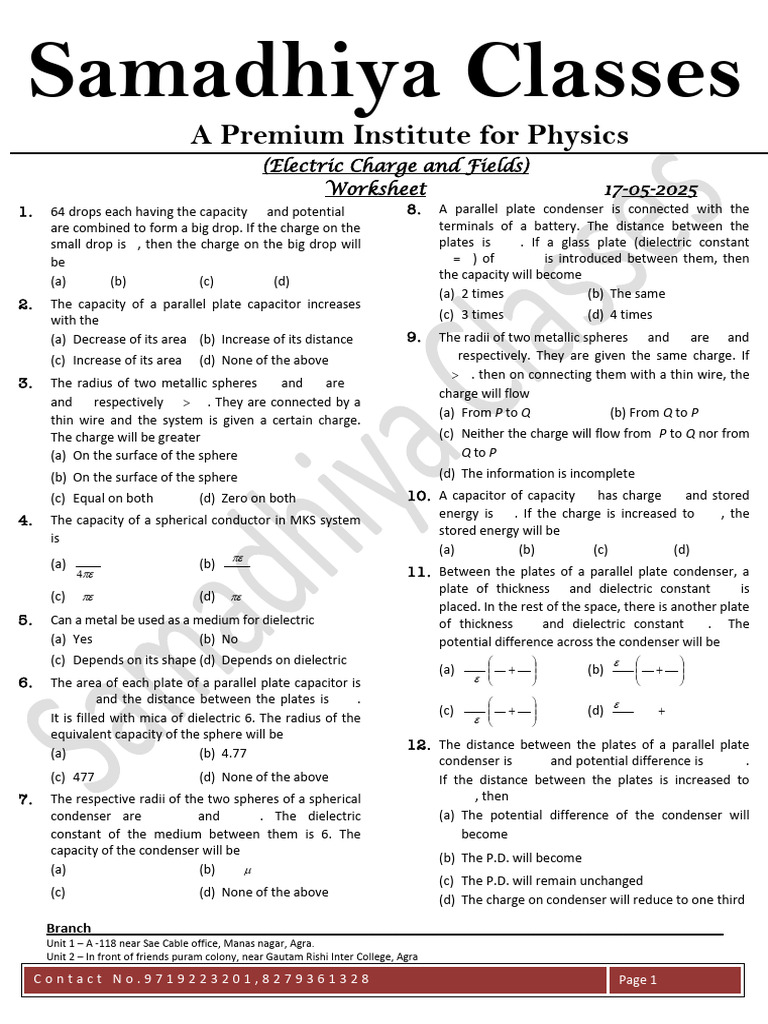 Physics Worksheet on Electric Charge | PDF | Capacitor | Electromagnetism