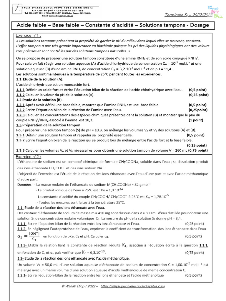 Exercices sur acides et bases faibles | PDF
