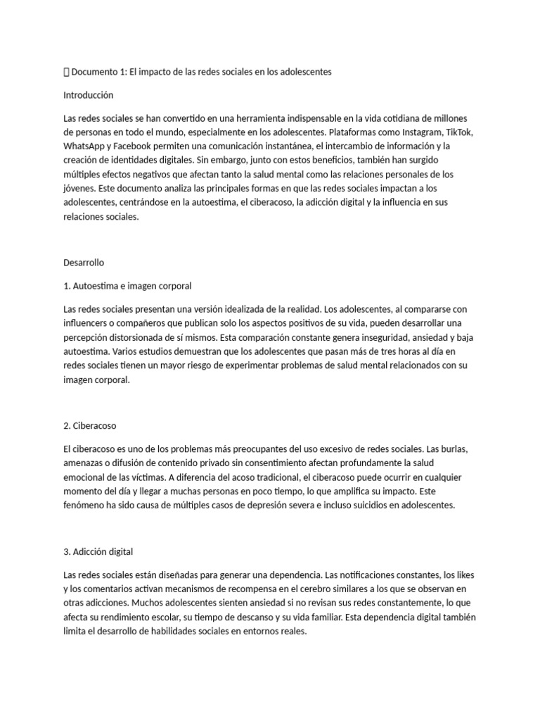 Impacto de redes sociales en adolescentes | PDF | Acoso cibernético ...