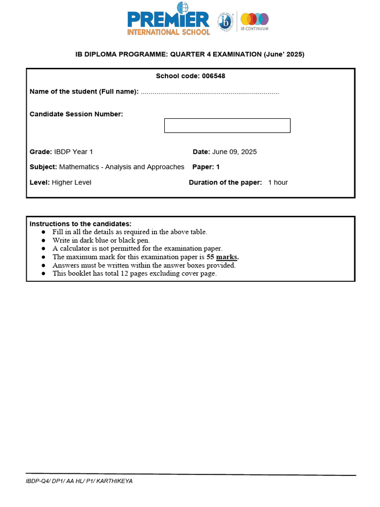 IBDP Mathematics HL Exam Paper 1 | PDF | Mathematics | Student