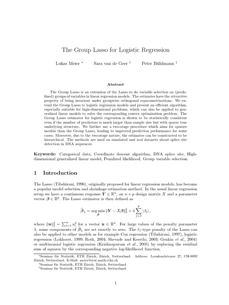 Group Lasso for Logistic Regression | PDF | Linear Regression ...