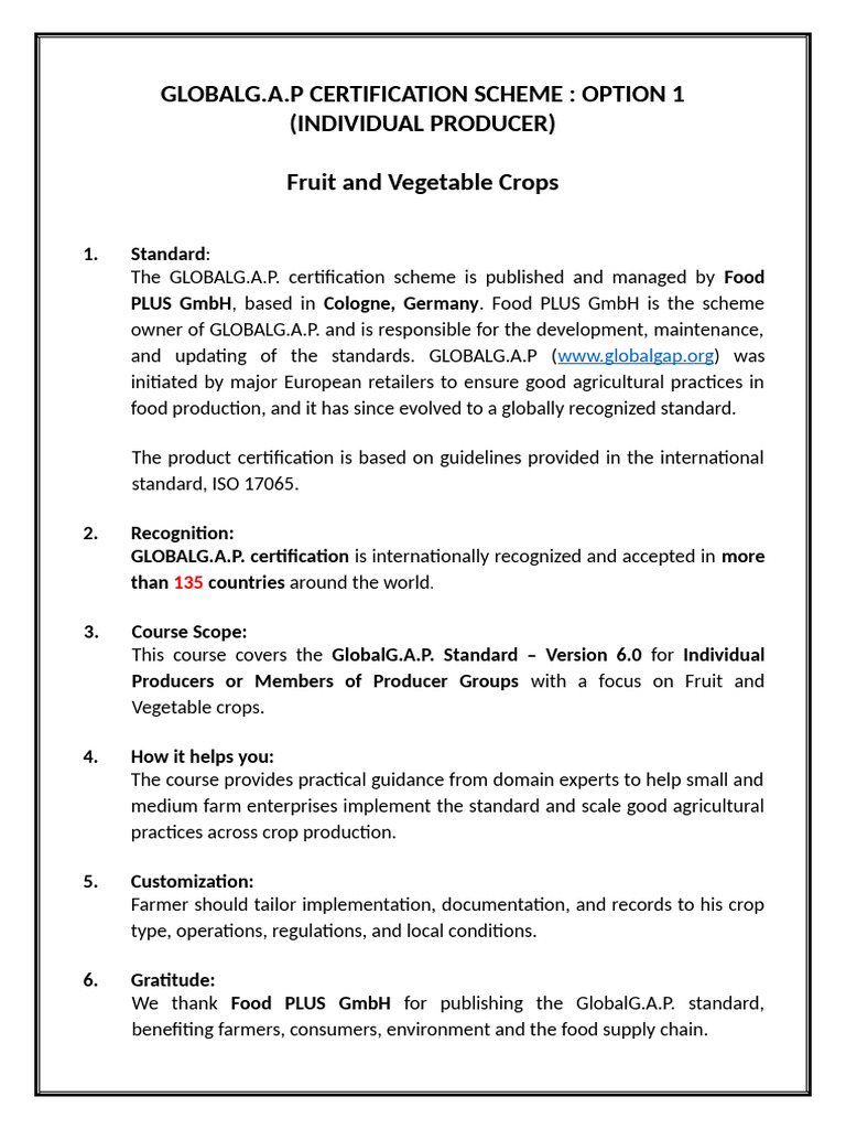 GLOBALG.A.P. Certification for Producers | PDF
